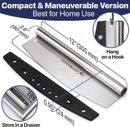 12" Pizza Making Kit (Set of 2) - 12" Pizza Cutter Rocker Knife with Blade Cover + 9.5" Stainless Steel Pizza Peel with Folding Handle- Ultimate Pizza Oven Accessories