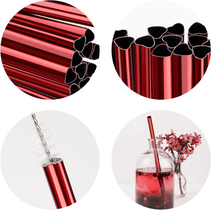 NiHome 16-Pack Heart-Shaped Stainless Steel Drinking Straws with 2 Cleaning Brushes, 8.5" Long Reusable Straws for Stanley Tumbler 14oz, Dishwasher Safe, Safe Edges for Kids (Pearl Red)