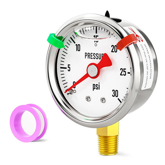 0-30psi Stainless Steel Glycerin Liquid Filled Pressure Gauge1/8 NPT 1.5" Dial, Lower Mount for Pressure Testing of Water, Oil and Air (with Range Mark Pointer)