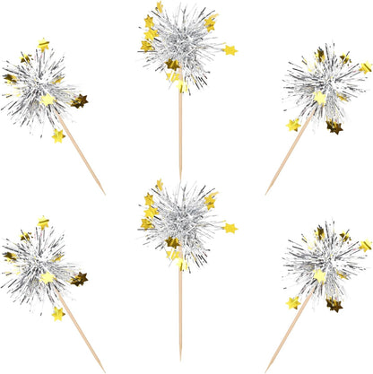 30 PCS Foil Firework Cupcake Toppers Happy Birthday Star Cupcake Picks Sparkle Tinsel Drink Stirrers Cocktail Fruit Toothpicks for Valentine's Day Wedding Birthday Party Decorations Supplies Silver