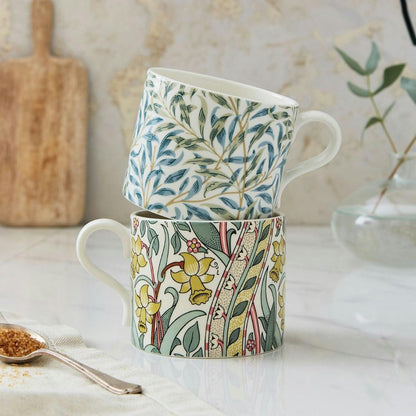 Spode Morris & Co 12oz Mugs, Set of 2 (Daffodil & Willow Bough) - Microwave & Dishwasher Safe, Elegant Porcelain Drinkware for Coffee Bar or Giftable Home Kitchen Mug Set. Ideal for Coffee & Tea