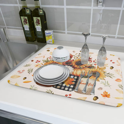 Autumn Sunflowers Vase Dish Drying Mat for Kitchen Counter,Fall Pumpkin Maple Leaves Drying Mat 18 x 24 Inch with High Absorbent Microfiber Dish Drying Drainer Mat for Coffee Bar