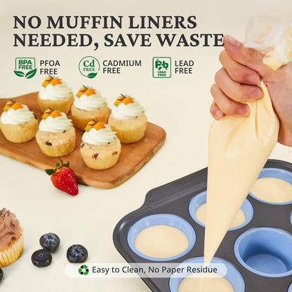 Silicone Muffin Pans for Baking with Metal Frame, Egg Bite Molds, Cupcake Pans 12 Regular Size, Muffin Tins Easy to Pop Nonstick Non Toxic Bakeware for Oven,Blue