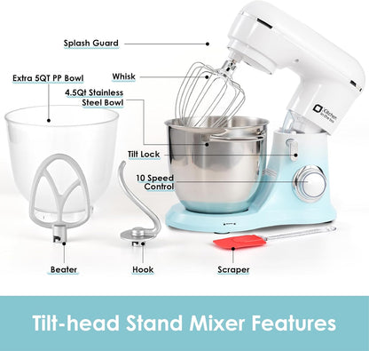 Kitchen in the box Stand Mixer, 5QT + 4.5QT Two bowls Electric Food Mixer, 10 Speeds Kitchen Mixer for Daily Use with Egg Whisk,Dough Hook,Flat Beater (Gradient Blue, 5QT)