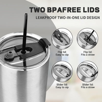 40 oz Tumbler with Lids and Straws, Stainless Steel Insulated Coffee Tumbler, Double Wall Vacuum Insulated Travel Mug Cup, Leakproof Thermal Coffee Cup for Hot and Cold Drinks (Silver)