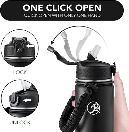 GOSWAG Insulated Sports Water Bottle, 24oz 2 Lids(with Straw/No Straw), Stainless Steel Water Bottles with Paracord Handle, Insulated Bottle with Double-Wall Vacuum Insulation