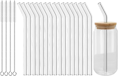 Lazycorner Reusable Glass Straws Set 16 Pcs 8.5''x 10MM Bent Clear Glass Drinking Straws, Set of 16 Bent with 4 Cleaning Brushes. Reusable Straws Perfect For Smoothies, Tea, Juice-Clear Cocktail.