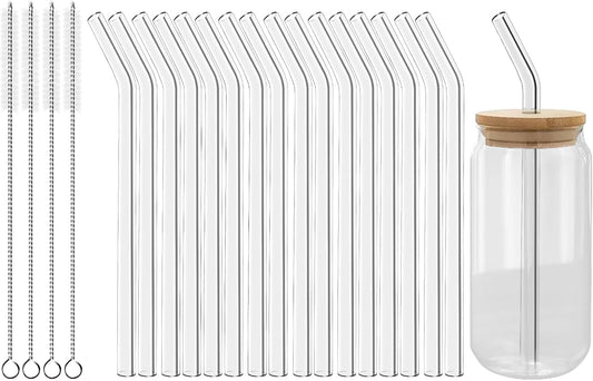Lazycorner Reusable Glass Straws Set 16 Pcs 8.5''x 10MM Bent Clear Glass Drinking Straws, Set of 16 Bent with 4 Cleaning Brushes. Reusable Straws Perfect For Smoothies, Tea, Juice-Clear Cocktail.