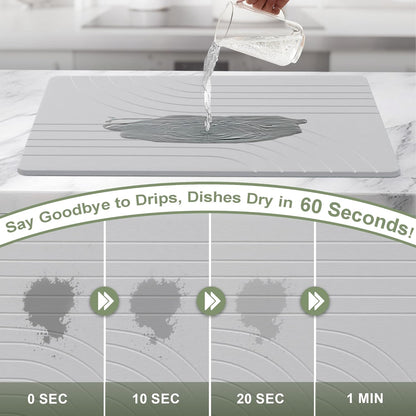Large Stone Drying Mat for Kitchen Counter, 24" × 16" Diatomite Dish Drying Mat, Quick Dry Stone Mats, Ultra Absorbent Natural Diatomaceous Earth Mats for Dished, Bottles, Light Grey