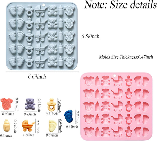2 Pcs Baby Shower Chocolate Molds, 35 Cavity Baby Feet Mini Molds Baby Bottle Pacifier Baby Onesie Baby Carriage Bear Molds for Baby Shower Party Cake Decoration Cupcake Topper
