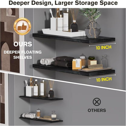 Wall Shelf Set of 3,Dark Wood Floating Shelves 30 in W x 10 in D x 1 in H, Wooden Floating Wall Shelf with Invisible Brackets for Living Room/Bedroom/Bathroom/Kitchen Storage and Decor