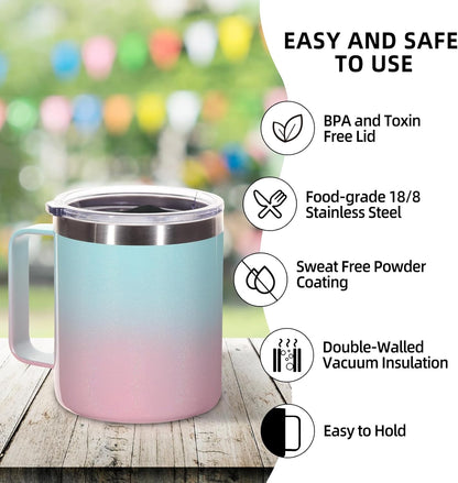 Volhoply 14oz Insulated Stainless Steel Coffee Mug with Leakproof Lid,Double Wall Vacuum Travel Coffee Cup with Handle, Reusable Cups Tumbler,Camping Mugs Keep Hot, Ideal Gifts(Green Pink,1 Set)