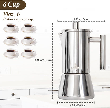 Stovetop Espresso Maker, 6Cup 10 oz Moka Pot, Stainless Steel Cuban and Italian Coffee Maker for Cafetera Cubana, Greca De Cafe Induction Stovetop Compatible, Coffee Gift for Home Travel