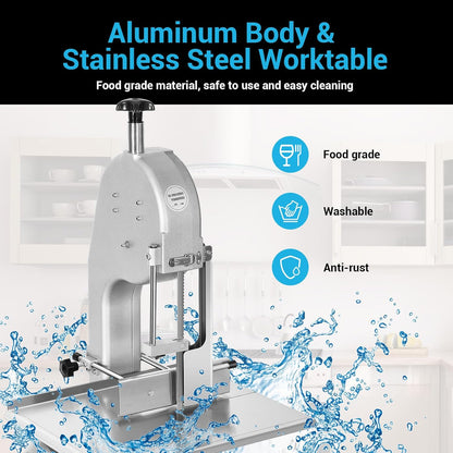 Commercial Electric Meat Bone Saw Machine, Kitchen Frozen Food Processor, Adjustable Thickness 0.6-5.9”, Butcher Band Saw with 20x15” Work Table for Chicken Fish Beef Bread