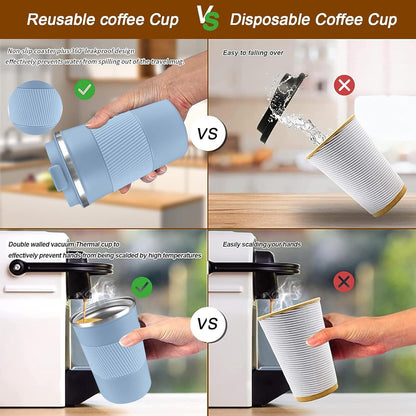 YINBAOGE Insulated Travel Coffee Mug Spill Proof Leak Proof Pobtable To Go Camping Stainless Steel Coffee Tumbler Reusable Coffee Cups with Lids Thermos for Hot and Cold Drink (Light blue, 12 OZ)