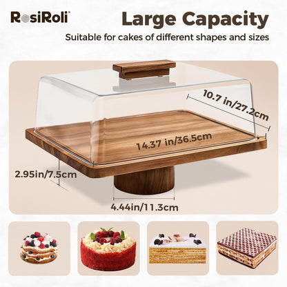 Acacia Wood Cake Stand with Lid –2-in-1 Rectangular Charcuterie Board & Dessert Display, Shatterproof Acrylic Dome Cover for Freshness, Serving Platter for Parties, Weddings, Birthdays, Gifts