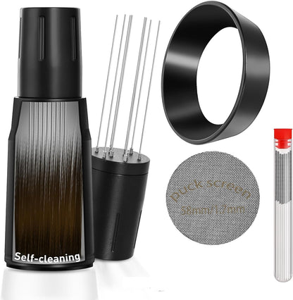 WDT Tool Espresso Distributor Accessory kit &1.7mm Thickness 150μm Mesh Puck Screen & 8 Magnets dosing ring Compatible with Portafilter (WDT +58MM Black dosing ring&puck screen)