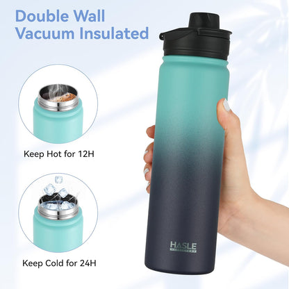 HASLE OUTFITTERS Insulated Water Bottle 22 oz Double Wall Stainless Steel Water Bottle Wide Mouth with Straw Lid & Spout Lid Keeps Cold or Hot(Green Blue Gradient,1)