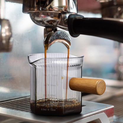 Espresso Cups 4 OZ, Double V-Shaped Spouts Cups, Espresso Shot Glasses with Wood Handle, Ribbed Milk Measuring Cup