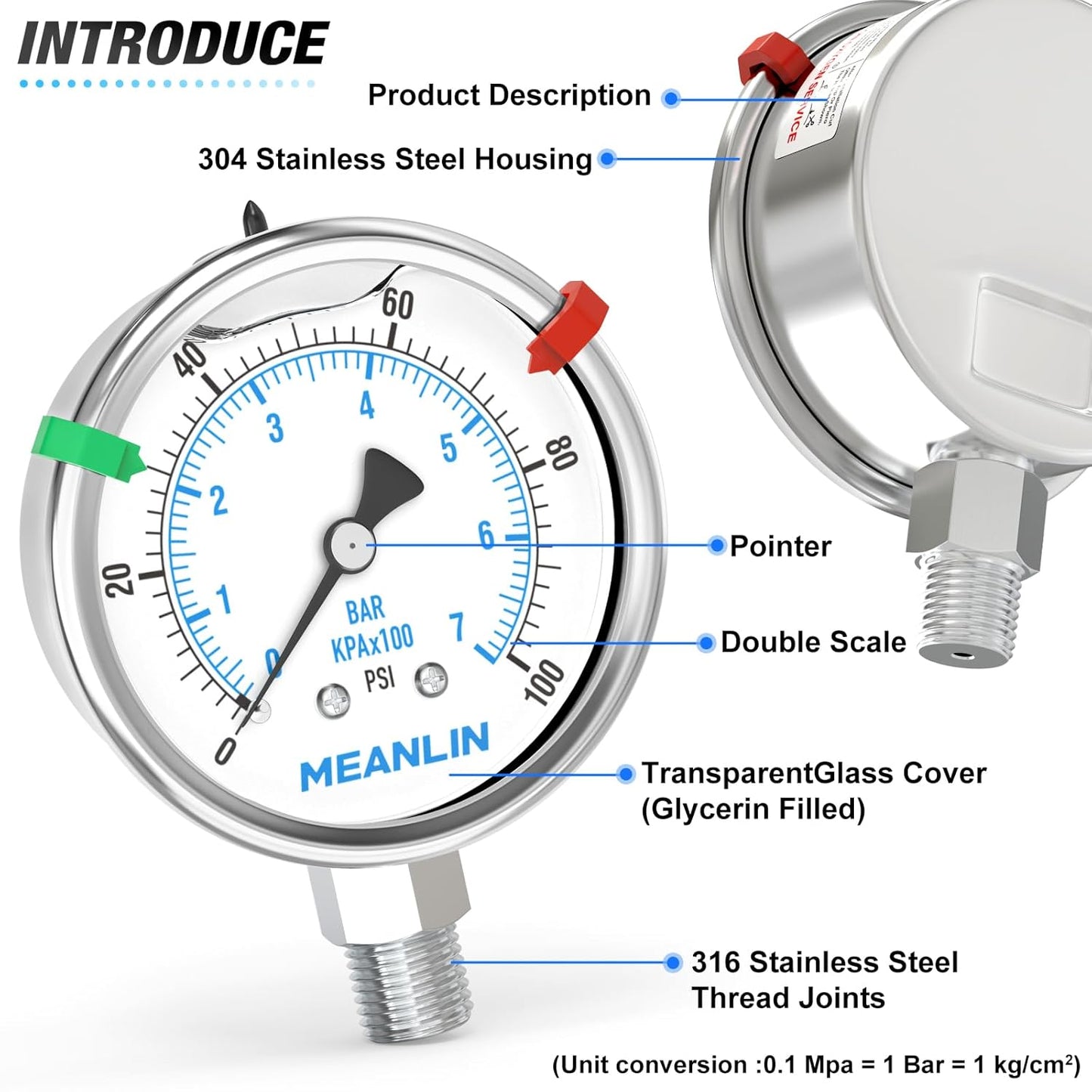 MEANLIN MEASURE 0~100Psi Stainless Steel Liquid Filled Pressure Gauge 2.5" FACE DIAL 1/4" NPT for Well Pump Tire Water Pressure Tester Lower Mount with Stainless Steel Hex Bushing and Snaps