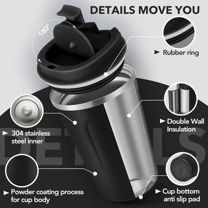 Volhoply 12 oz Double Wall Insulated Vacuum Travel Coffee Mug with Flip Lid Bulk 2 Pack,Reusable Stainless Steel Leak Proof Coffee Cup,Portable Thermal Tumbler for Cold&Hot Drinks(Assort Color,2 Set)