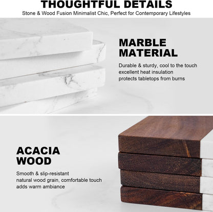Marble Coasters: 4-Piece Set of Acacia Wood Marble Coasters, Suitable for Kitchens, Offices, and can be Used as Gifts