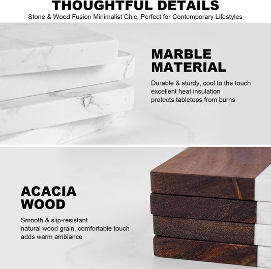 Marble Coasters: 4-Piece Set of Acacia Wood Marble Coasters, Suitable for Kitchens, Offices, and can be Used as Gifts