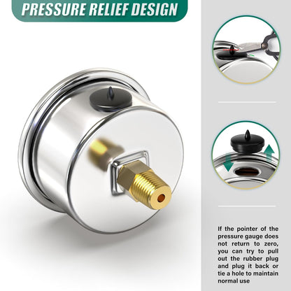 0-200PSI Stainless Steel Glycerin Filled Pressure Gauge 1.5" Black Dial Size, 1/8" NPT Back Mount, for Tube, Water Pump, Gas, Liquid, Pressure Test (with Range Mark Pointer)