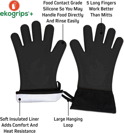 Ekogrips+ Premium Silicone Oven Mitts - Comfy, Waterproof, Heat Resistant BBQ Gloves for Grilling, Long Cuff for Added Protection, 5 Finger Dexterity, 3 Sizes, 4 Colors, L/XL, Black