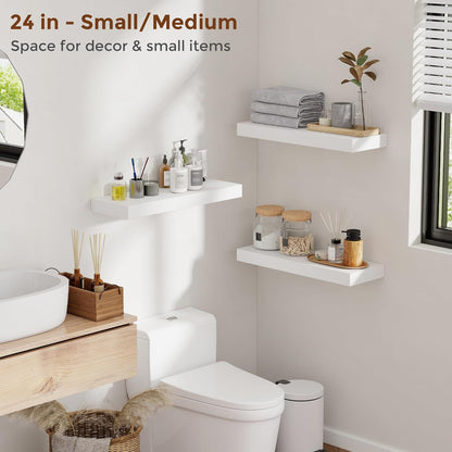 Heimlove 16 Inch Floating Shelves for Wall White Shelves Set of 2,Wall Mounted Rustic Wood 8 Inch Deep Floating Shelf with Invisible Brackets for Bedroom Kitchen Living Room