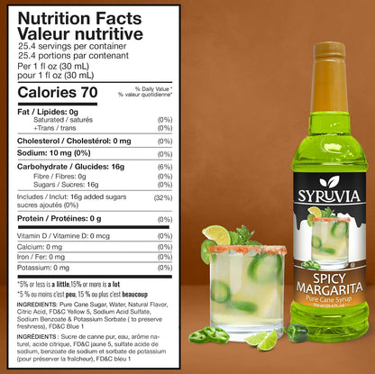 Syruvia Spicy Margarita Mix Syrup For Drinks 25.4 Oz. - Kosher & Gluten Free, No Coloring, Perfect for Drinks, Soda, Shakes, Desserts, and More.