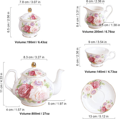 fanquare European Porcelain Coffee Set, Pink Women Tea Set, Bone China Tea Set, Vintage Floral Coffee Tea Pot with Cups