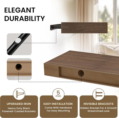 Floating Shelves for Wall, 55"W x 9.3"D x 1.5"H, Long Wooden Wall Mounted Display Shelves with Invisible Brackets for Living Room, Bedroom, Bathroom, Kitchen Decor and Storage, Set of 1, Walnut