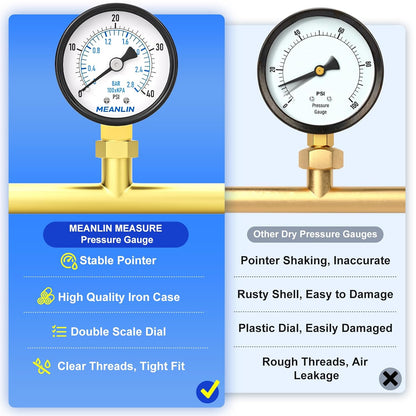 MEANLIN MEASURE 0-40Psi 2" DIAL FACE 1/4" NPT Well Pump Pressure Gauge, with 1/2" NPT and 3/8" NPT Hex Bushing, 3-2-3% Accuracy, Lower Mount