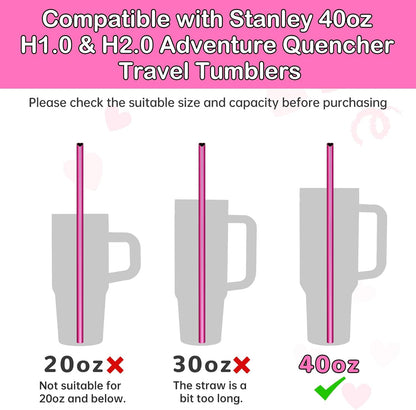 NiHome 10-Pack Heart-Shaped Stainless Steel Drinking Straws with 2 Cleaning Brushes, 12" Long Reusable Straws for Stanley Tumbler 30oz 40oz, Dishwasher Safe, Safe Edges for Kids (Pearl Hot Pink)