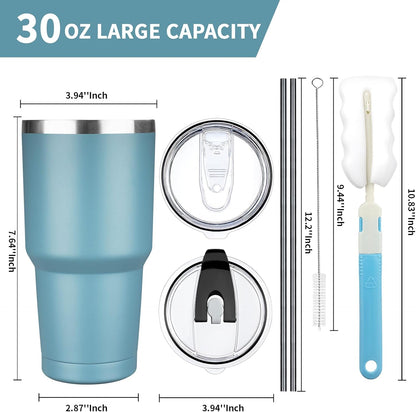 30 oz Tumbler with Lids and Straws, Stainless Steel Insulated Coffee Tumbler, Double Wall Vacuum Insulated Travel Mug Cup, Leakproof Thermal Coffee Cup for Hot and Cold Drinks (Azure Blue)
