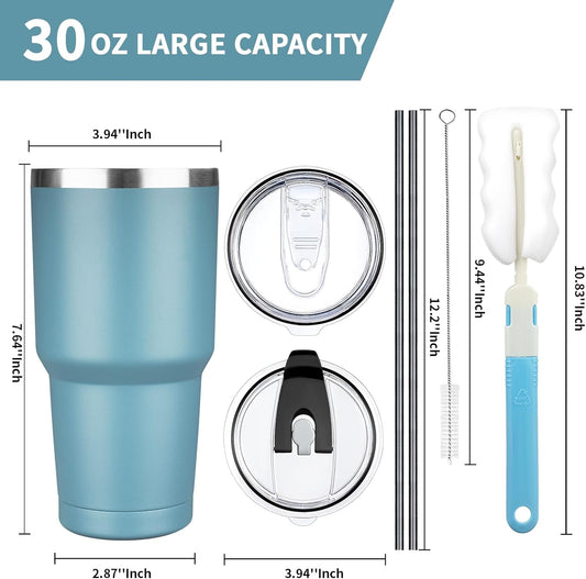 30 oz Tumbler with Lids and Straws, Stainless Steel Insulated Coffee Tumbler, Double Wall Vacuum Insulated Travel Mug Cup, Leakproof Thermal Coffee Cup for Hot and Cold Drinks (Azure Blue)