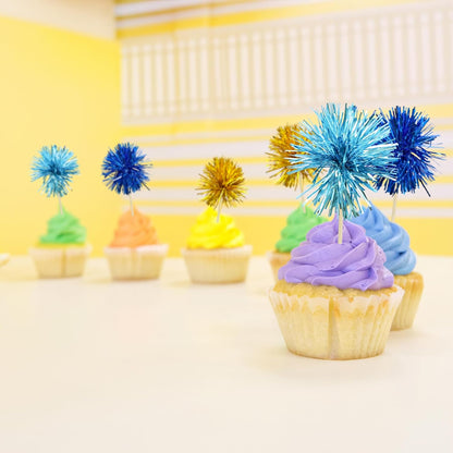 Gyufise 30Pcs Foil Firework Cupcake Toppers Sparkle Tinsel Cake Toppers Tinsel Drink Cake Decoration Cocktail Picks for Birthday Wedding Graduation Party Supplies Gold Light Dark Blue