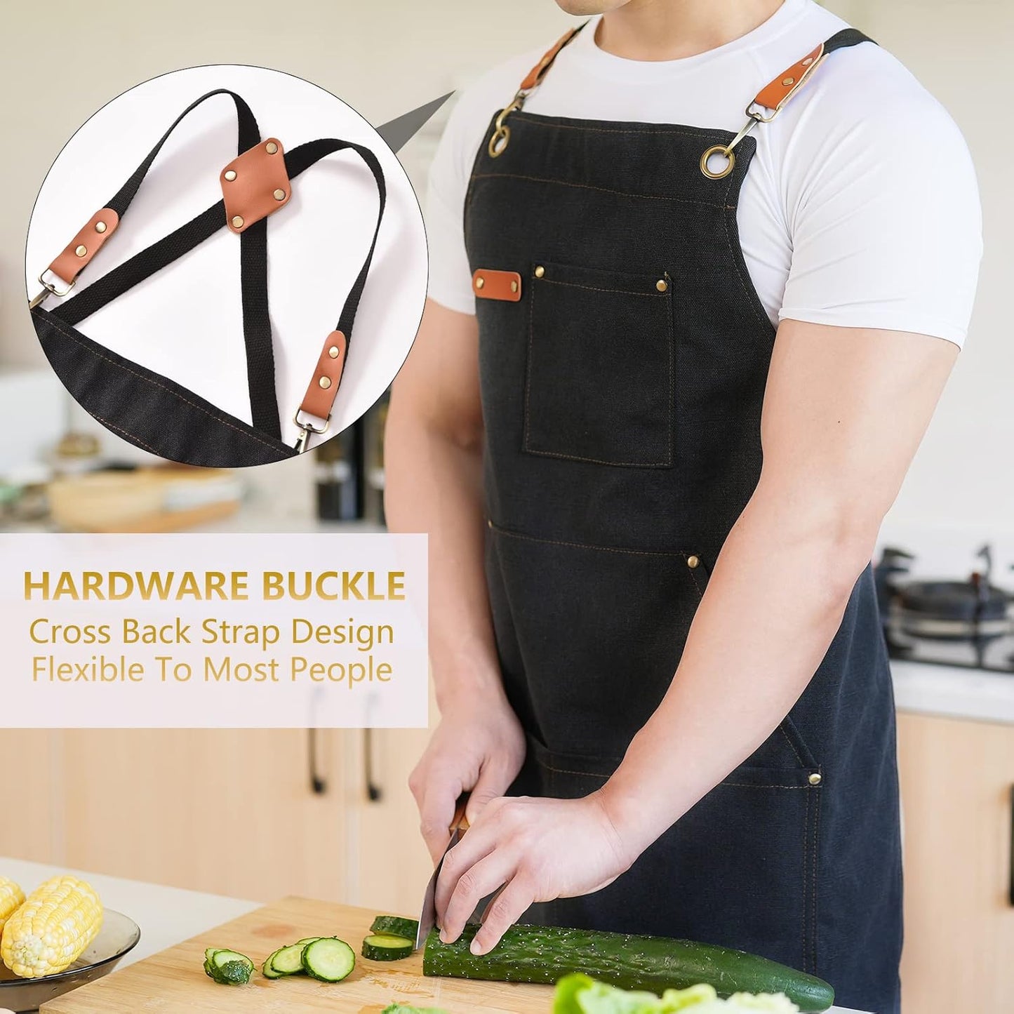 Canvas Aprons for Men Chef Apron, Work Apron with Large Pockets - 16oz Heavy Duty Cross Back, BBQ, Cooking