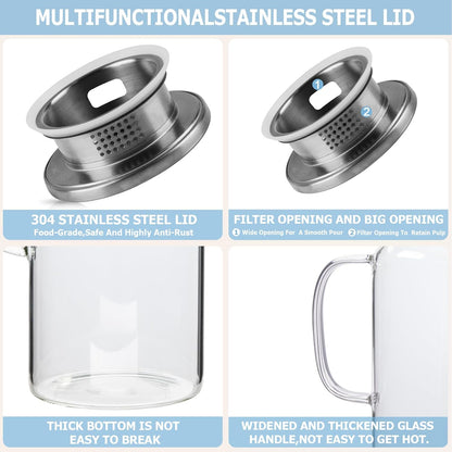 Yirilan Glass Pitcher, 1.8 Liter Water Pitcher with Lid, Beverage Pitchers for Hot, Cold Water, Iced Tea and Juice Drink with Cup Brush