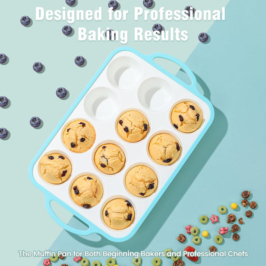 Silicone Muffin Pans for Baking 1 Pack, 2.6 Inch with Metal Reinforced Frame, Regular Size Nonstick Cupcake Pan 12 Cups for Baking Homemade Muffins, Dishwasher Safe BPA Free-Blue