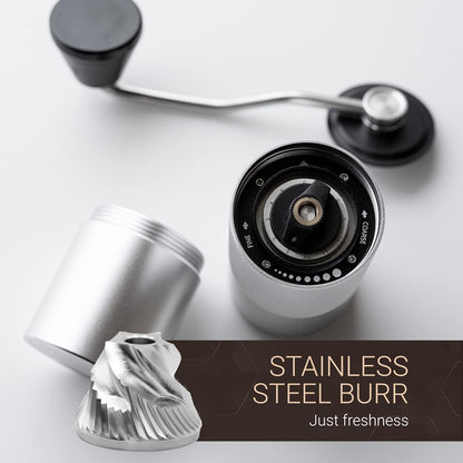 Manual Coffee Grinder by Alpaca Ventures - Stainless Steel Conical Burr Coffee Grinder Manual with Adjustable Setting Double Bearing Hand Espresso Grinder Perfect for Home, Office and Camping