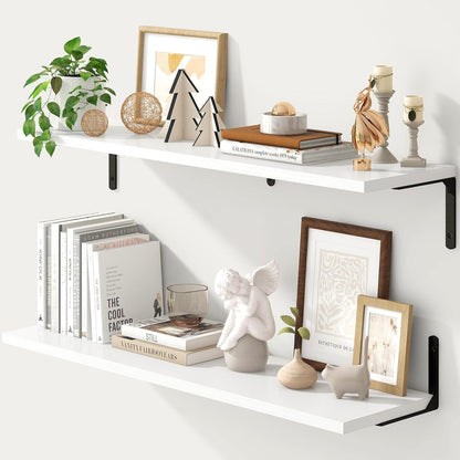 Fun Memories Deep Floating Shelves, 36W x 8D Floating Shelves Set of 2, Wall Mounted Shelf with Metal Brackets, Rustic Wood Wall Shelf for Bathroom, Kitchen and Living Room, White