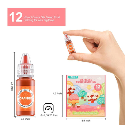Oil Based Food Coloring for Chocolates - Jelife 12 Colors Oils Dye Set Flavorless Edible Food Color Vibrant Concentrated Neon Icing Colors for Candy Melts (6ml/Bottles)