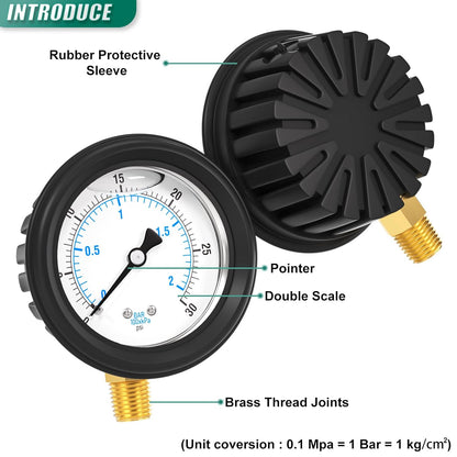 0-30PSI Stainless Steel Liquid Filled Pressure Gauge, 2.5" Dial Size, 1/4" NPT Lower Mount, with Rubber Protective Sleeve, for Tube, Water Pump, Gas, Liquid, Pressure Test