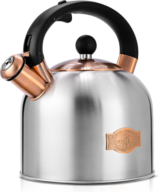 SUSTEAS Tea Kettle - 3.17QT Whistling Kettle with Ergonomic Handle - Premium Stainless Steel Tea Pots for Stove Top, Chic Vintage Teapot with Composite Base, Work for All Stovetops (Silver)