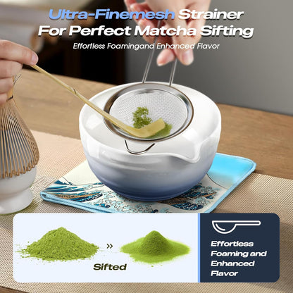Matcha Whisk Set - 8 Pcs Tea Set with Bamboo Whisk and Holder, Ceramic Bowl, Bamboo Scoop and Spoon,Scoop Rest, Sifter & Tea Towel, Japanese Home Matcha Kit for Authentic Ceremony (Blue)