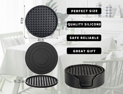 Coasters for Drinks 6 Pcs Drink Plastic Coaster with Holder,Heat Resistant Silicone Cup Mat Tabletop Protection,Non-Slip Rubber Coasters for Kinds of Cups (Black)