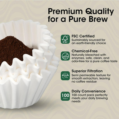 Basket Coffee Filters 8-12 Cup, 100 Count Flat Bottom Paper Filters for Drip Coffee Makers, Compatible with Mr. Coffee, BLACK+DECKER, Cuisinart, White