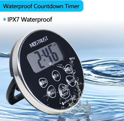 Digital Waterproof Shower Timer Clock, Bathroom Countdown Kitchen Cooking Timer with Alarm, Magnetic Back, Stand Silver Black